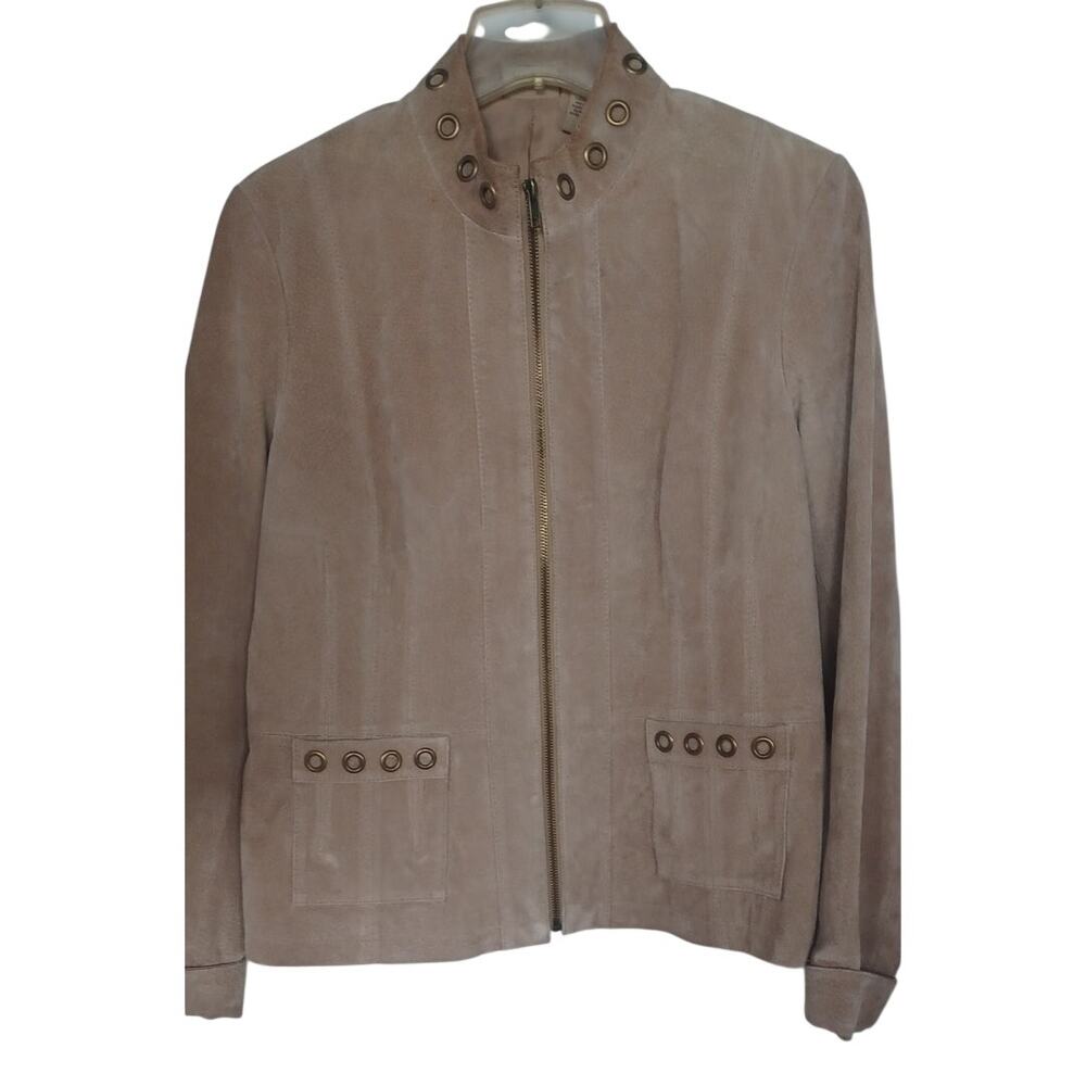 Ruff Hewn Women's L Tan Genuine Suede Leather Jacket Grommet Details Zip Moto